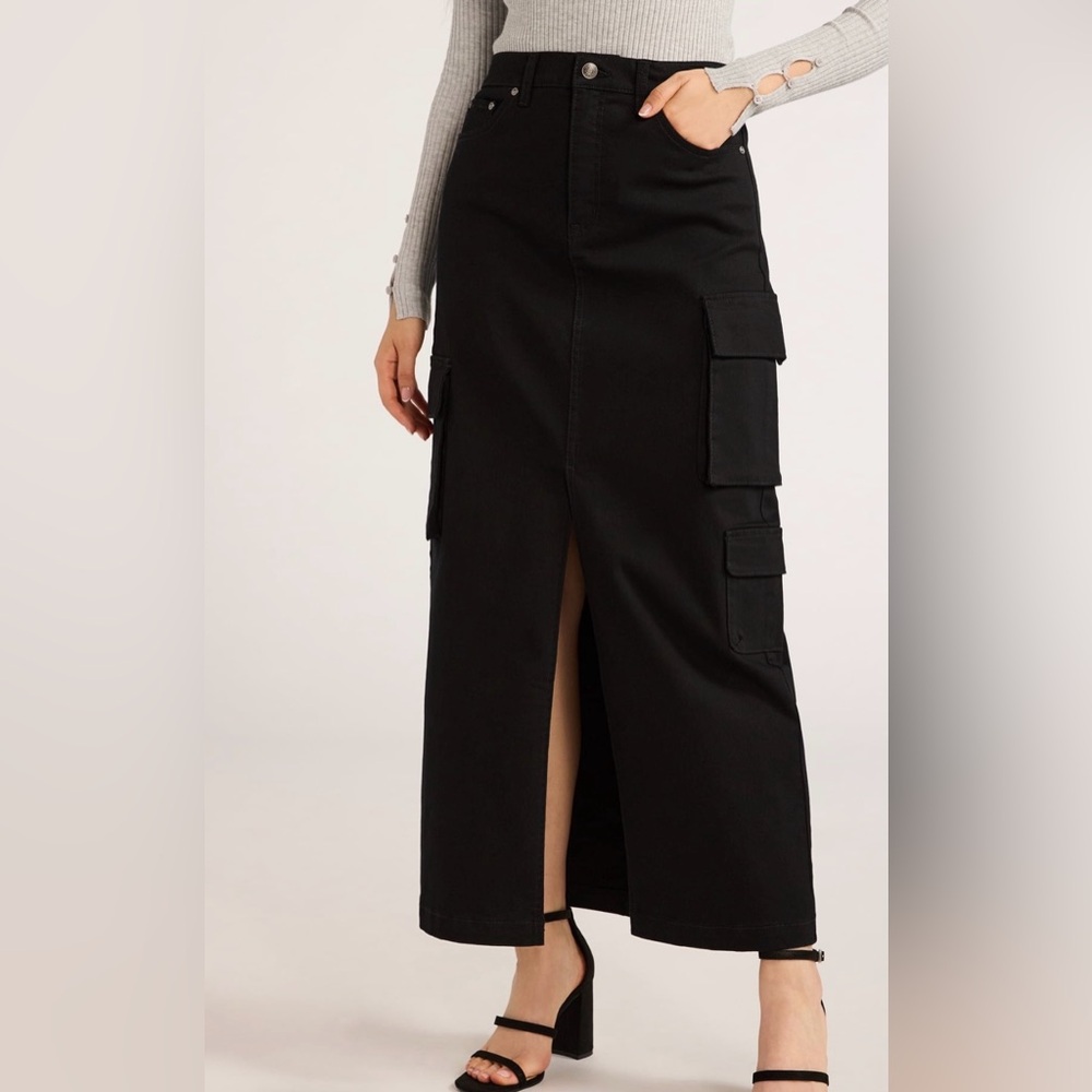 Scoop Black Denim Maxi Cargo Skirt with Front Slit
